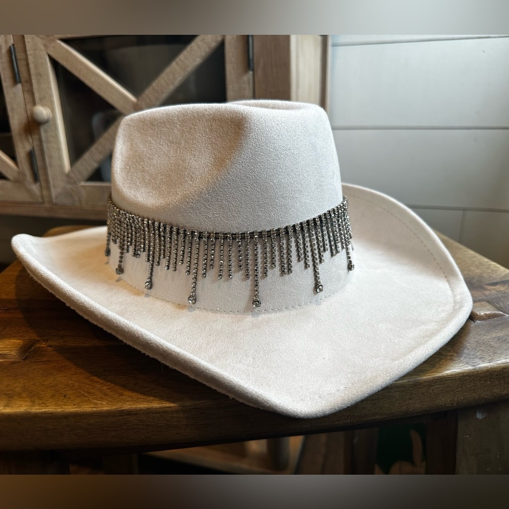 H&M Cream Cowboy Hat with Silver Rhinestone Fringe